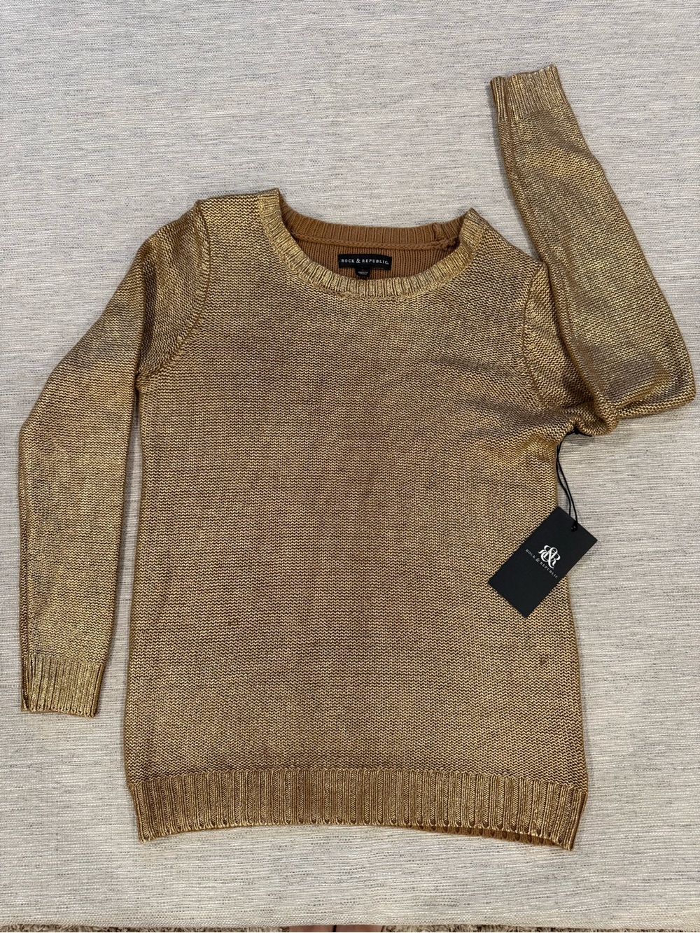 Rock & Republic Shimmery Gold Crewneck Sweater NWT SZ L